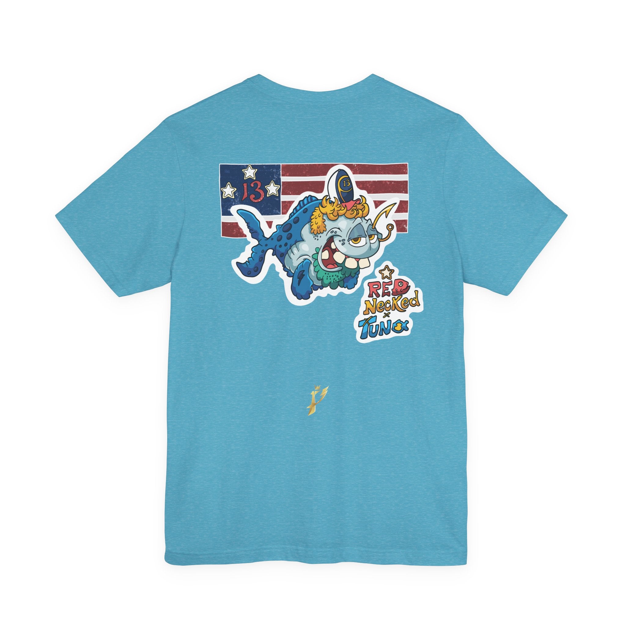 Patriotic Shark Graphic Tee — "Red, Neon & Twang" Vintage Flag Design