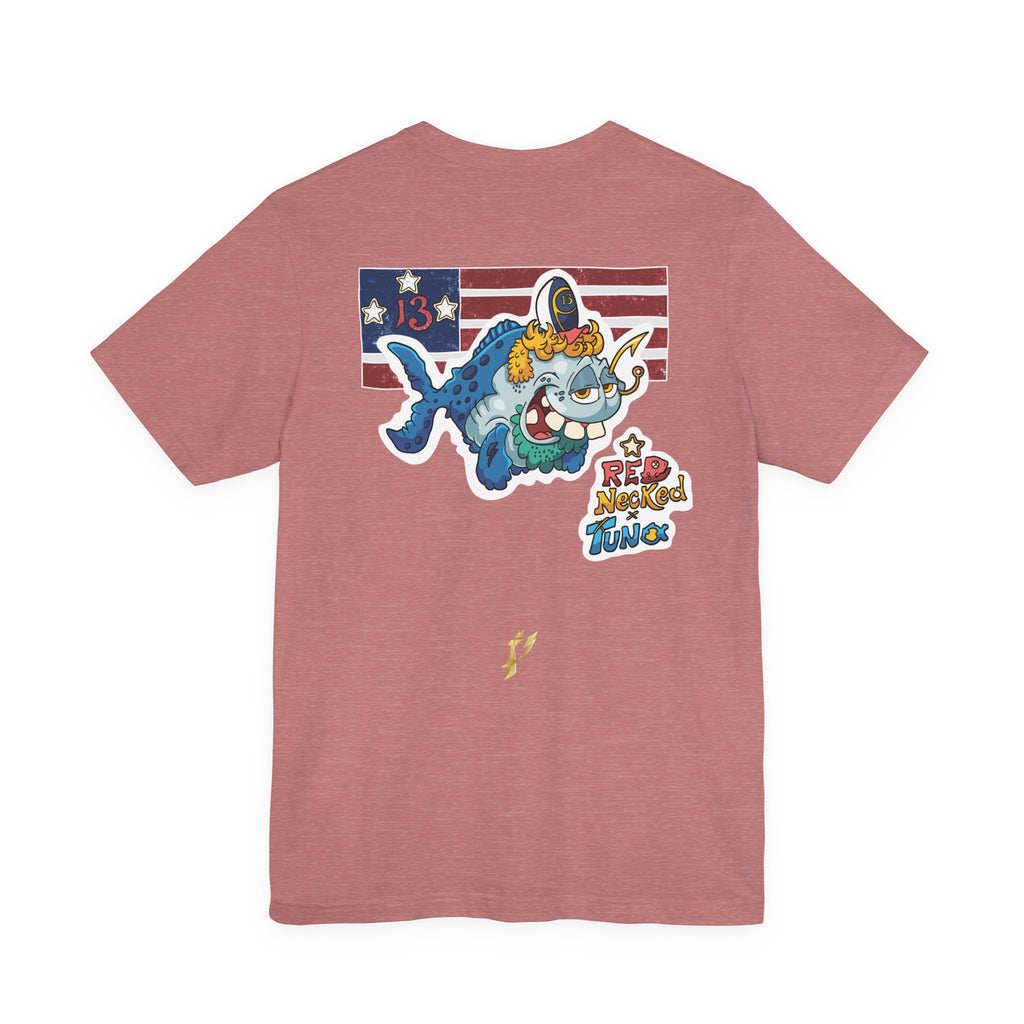 Patriotic Shark Graphic Tee — "Red, Neon & Twang" Vintage Flag Design