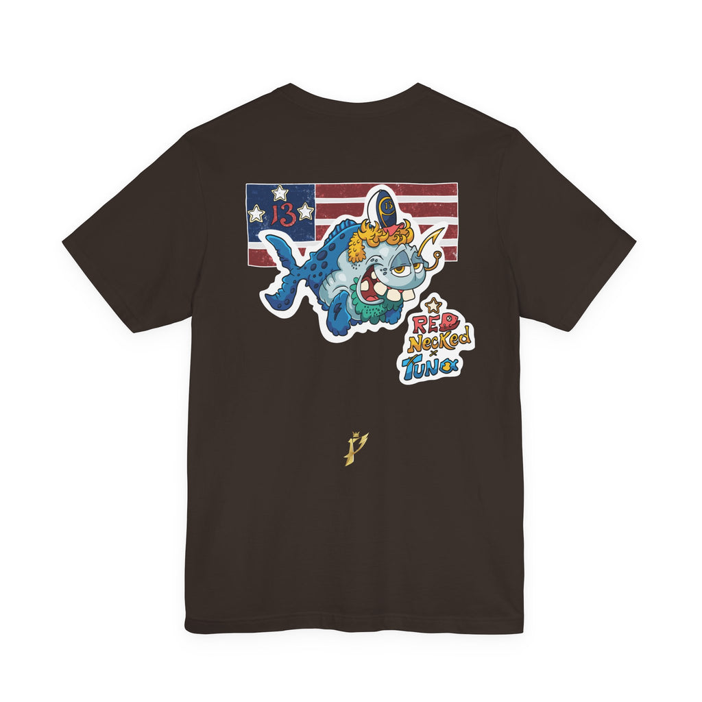 Patriotic Shark Graphic Tee — "Red, Neon & Twang" Vintage Flag Design