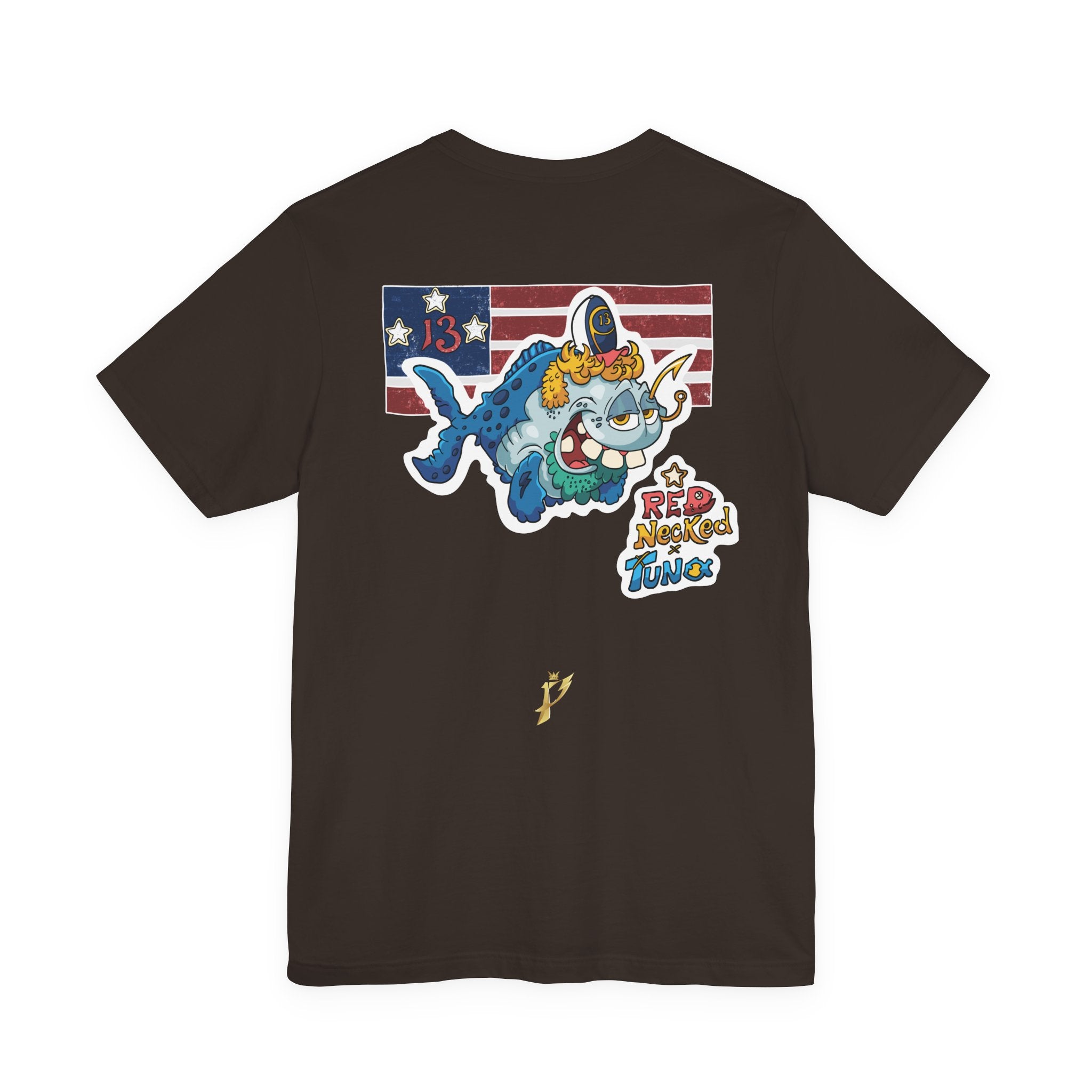 Patriotic Shark Graphic Tee — "Red, Neon & Twang" Vintage Flag Design