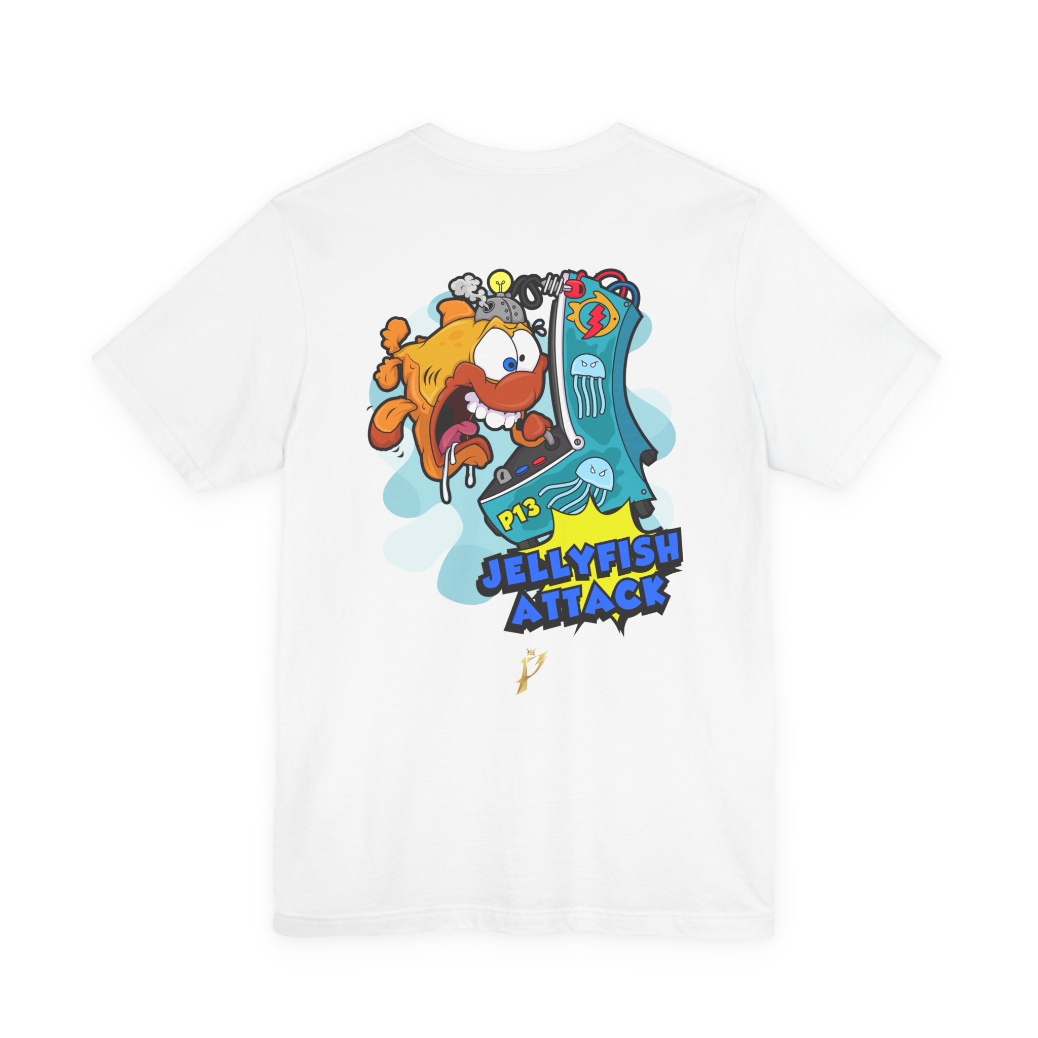 Jellyfish Attack Graphic Tee — Fun Cartoon Surfing Fish Shirt