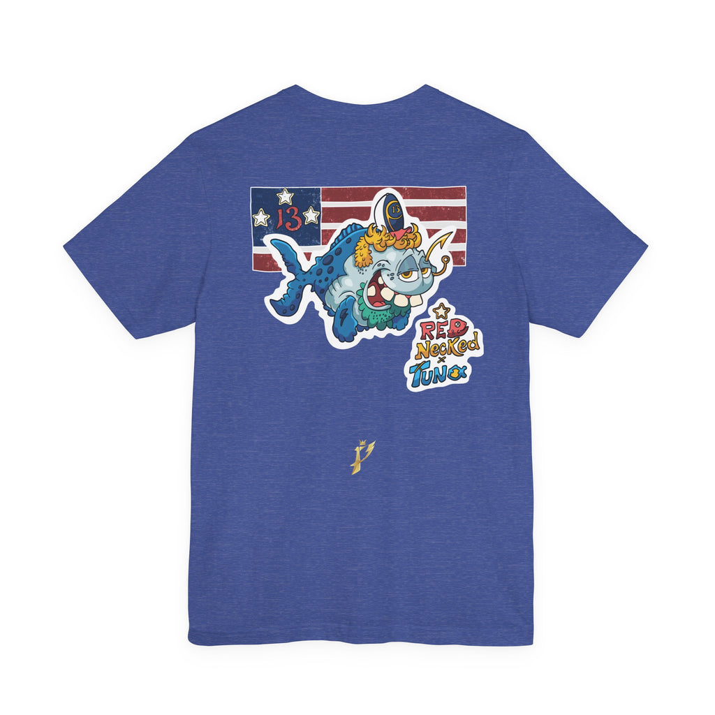 Patriotic Shark Graphic Tee — "Red, Neon & Twang" Vintage Flag Design