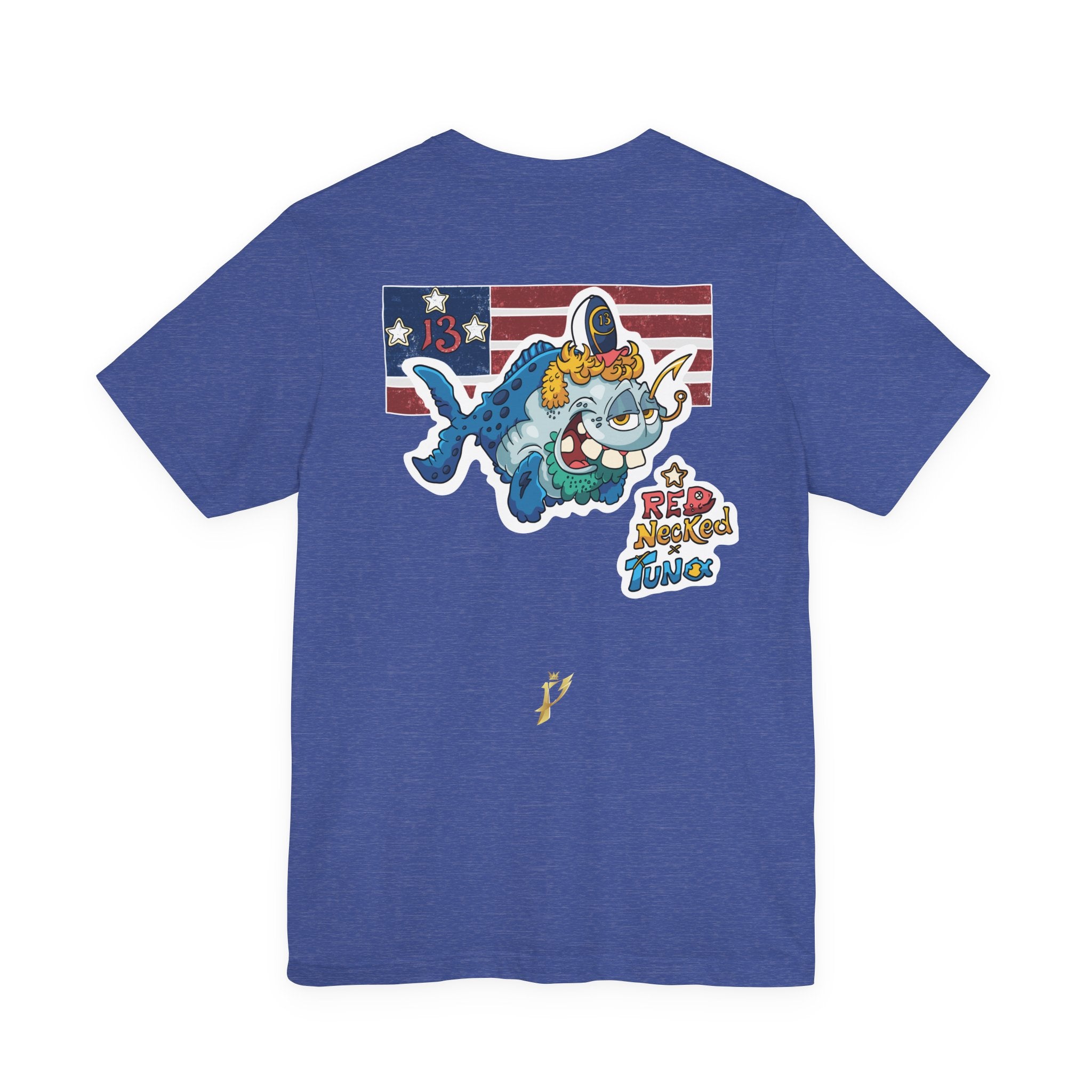 Patriotic Shark Graphic Tee — "Red, Neon & Twang" Vintage Flag Design