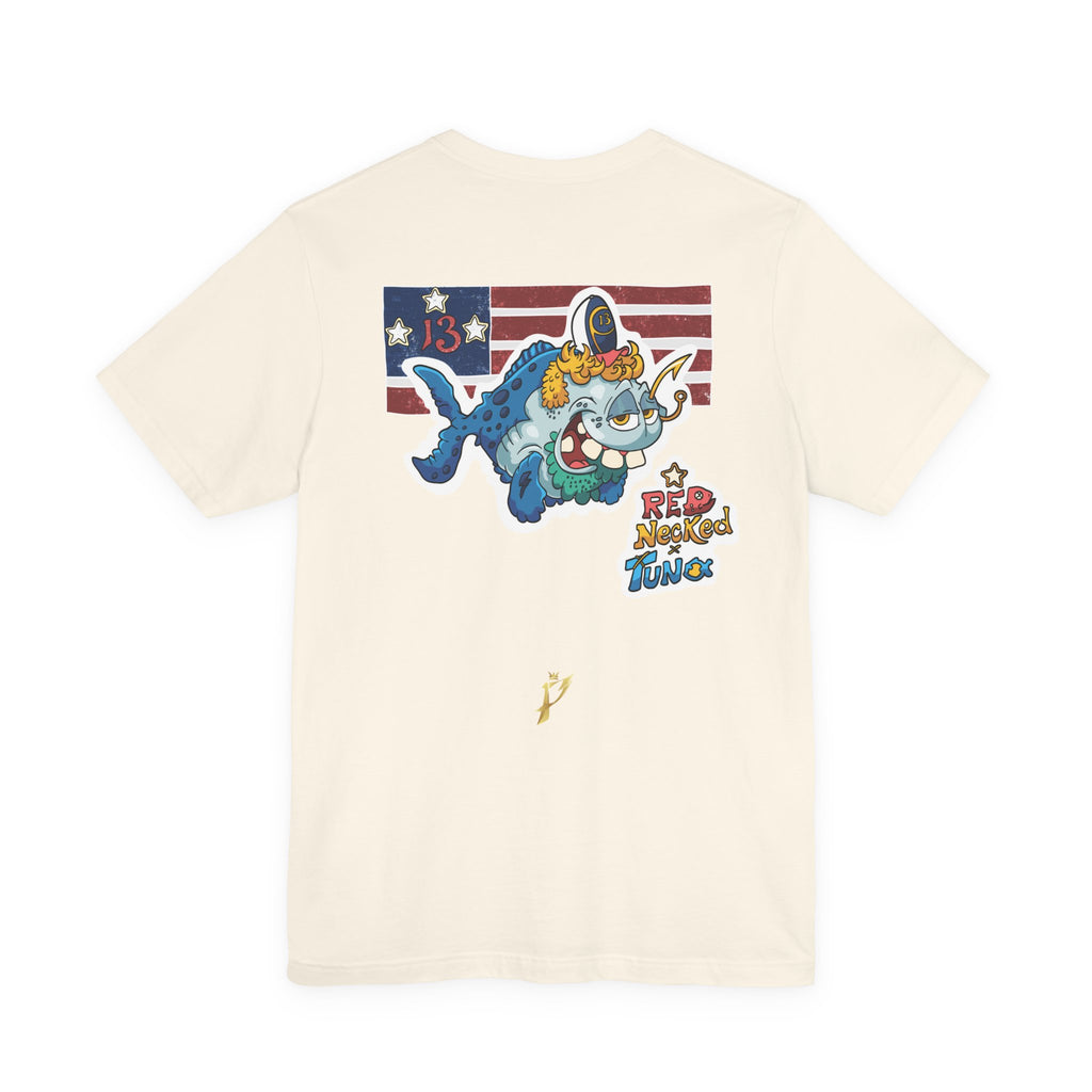 Patriotic Shark Graphic Tee — "Red, Neon & Twang" Vintage Flag Design