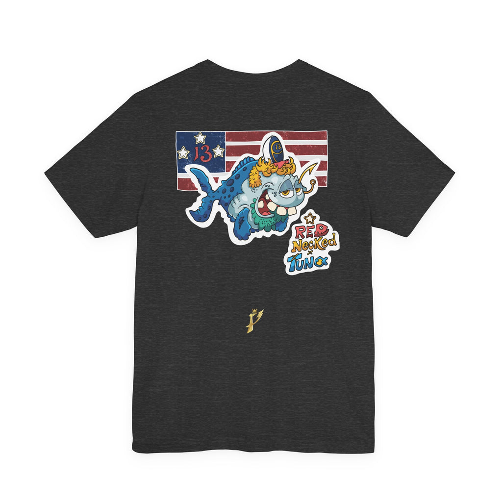 Patriotic Shark Graphic Tee — "Red, Neon & Twang" Vintage Flag Design