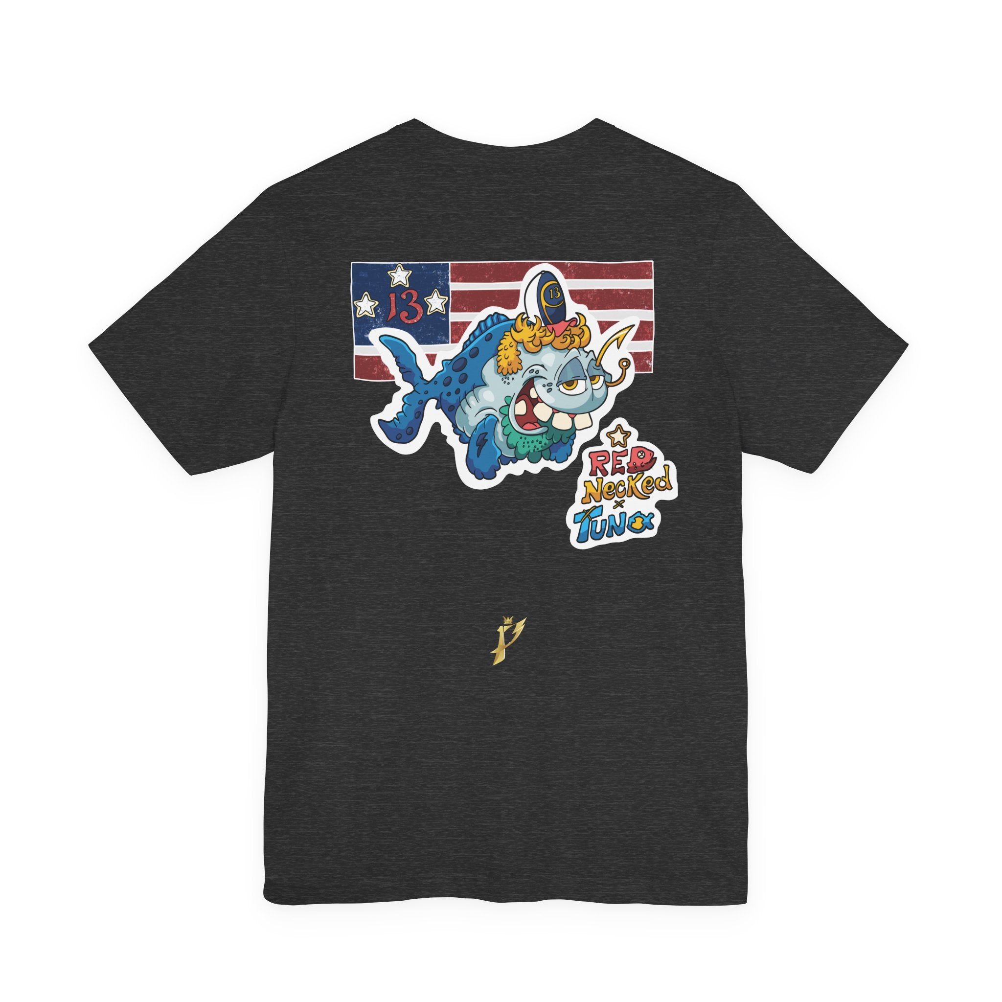 Patriotic Shark Graphic Tee — "Red, Neon & Twang" Vintage Flag Design