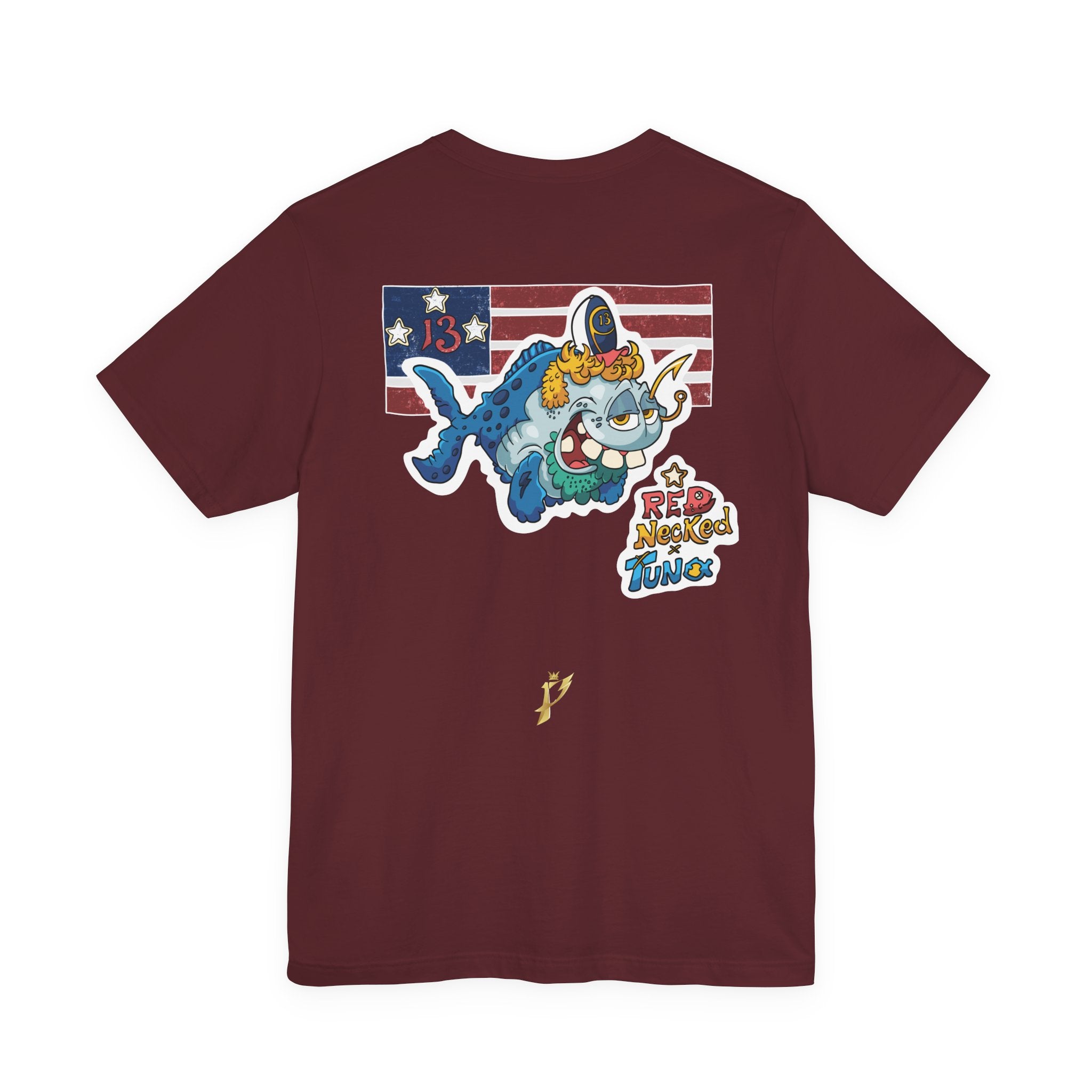 Patriotic Shark Graphic Tee — "Red, Neon & Twang" Vintage Flag Design