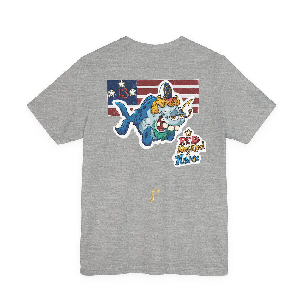 Patriotic Shark Graphic Tee — "Red, Neon & Twang" Vintage Flag Design