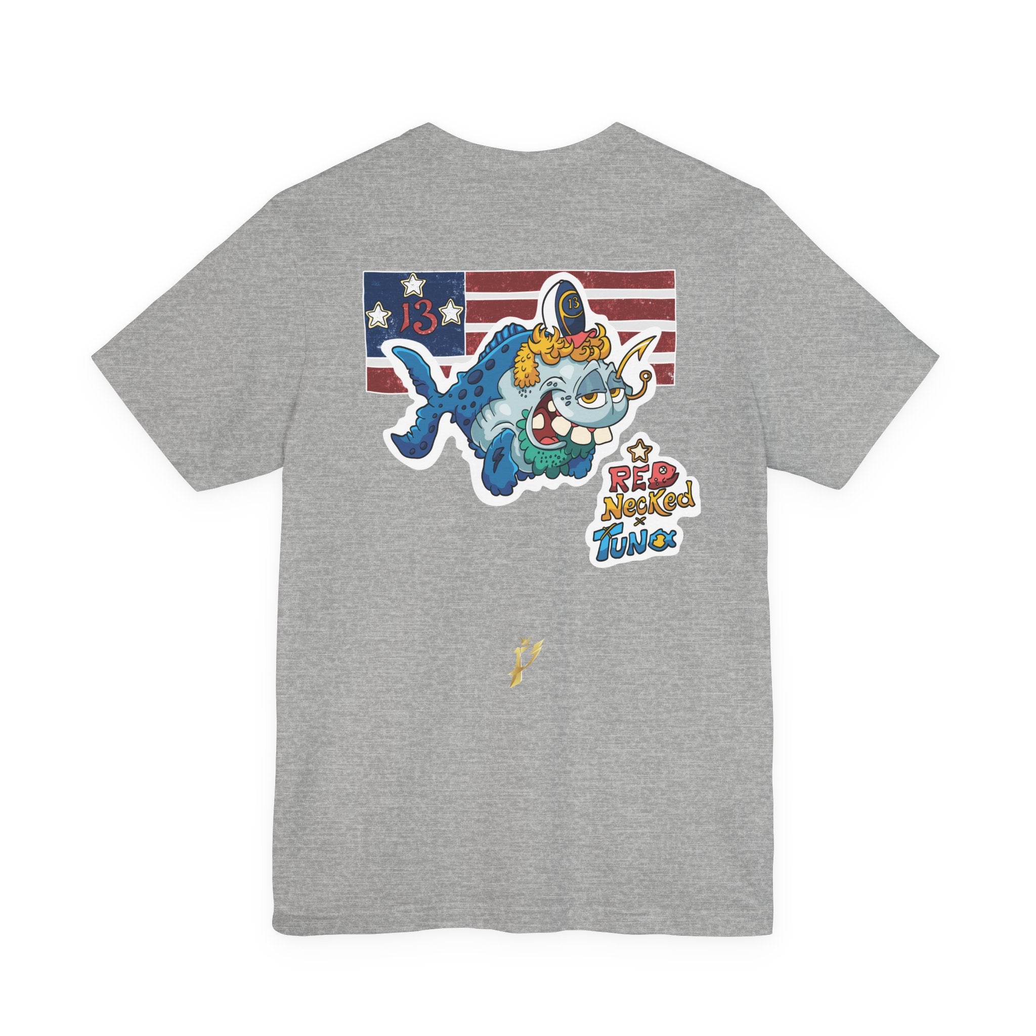 Patriotic Shark Graphic Tee — "Red, Neon & Twang" Vintage Flag Design