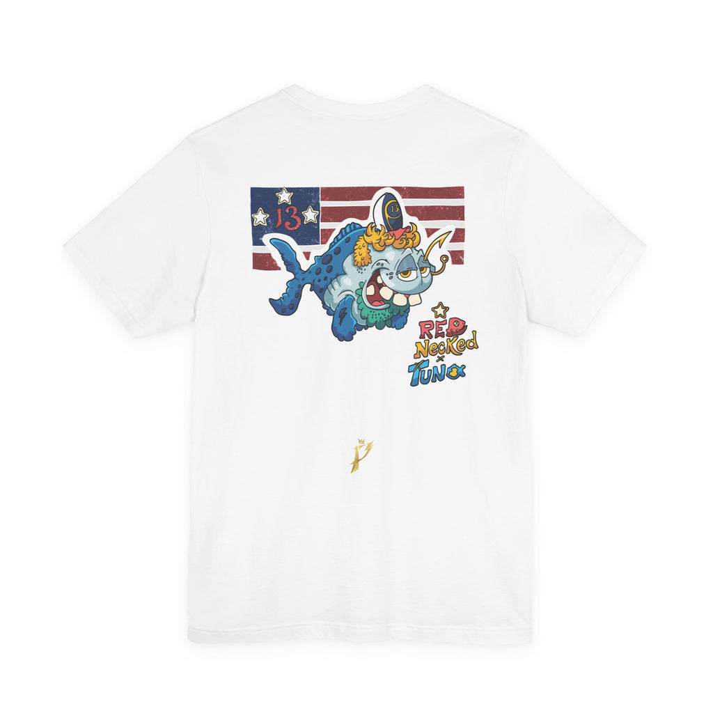 Patriotic Shark Graphic Tee — "Red, Neon & Twang" Vintage Flag Design