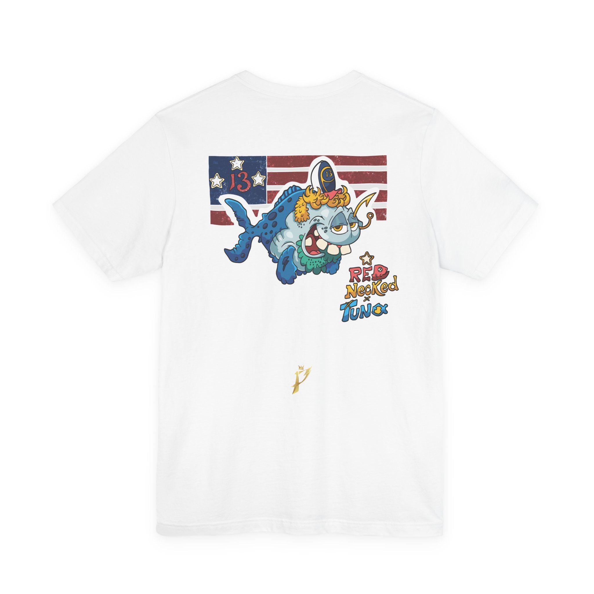 Patriotic Shark Graphic Tee — "Red, Neon & Twang" Vintage Flag Design