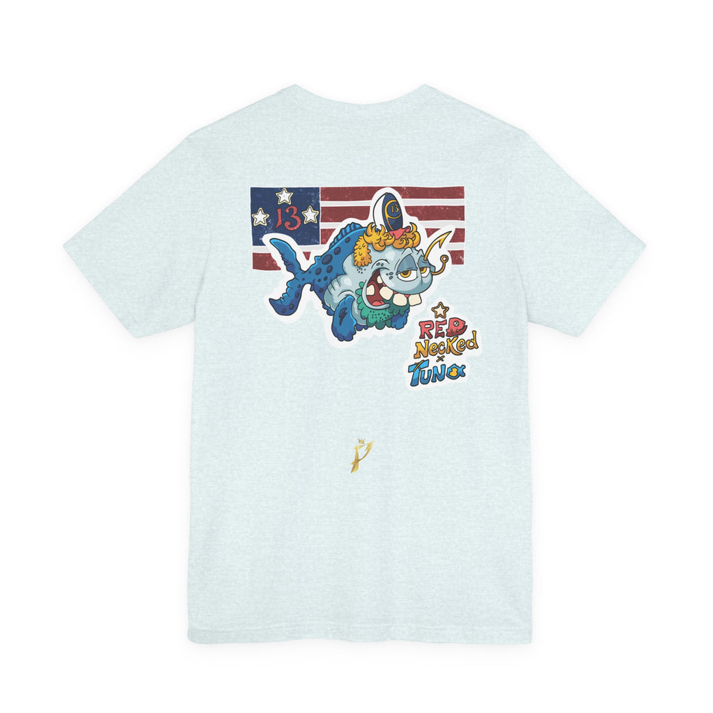 Patriotic Shark Graphic Tee — "Red, Neon & Twang" Vintage Flag Design