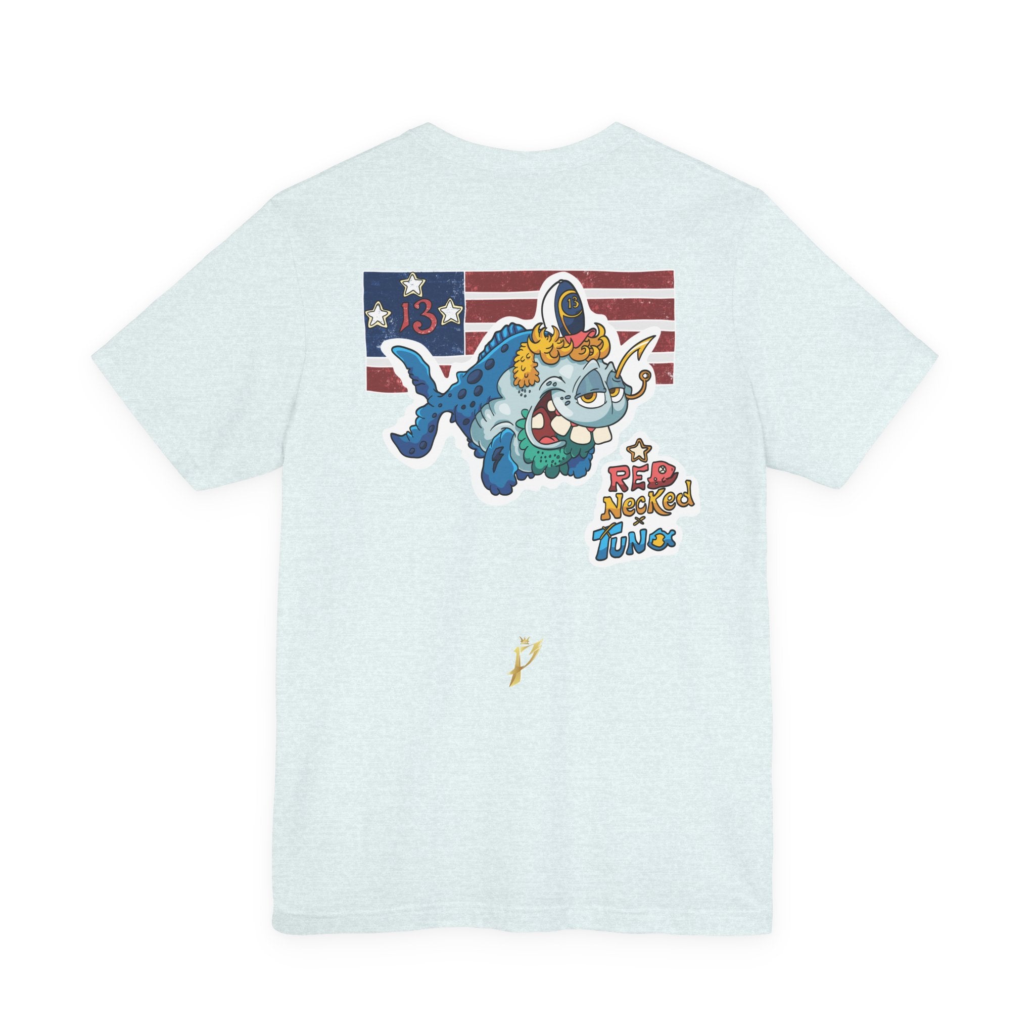 Patriotic Shark Graphic Tee — "Red, Neon & Twang" Vintage Flag Design