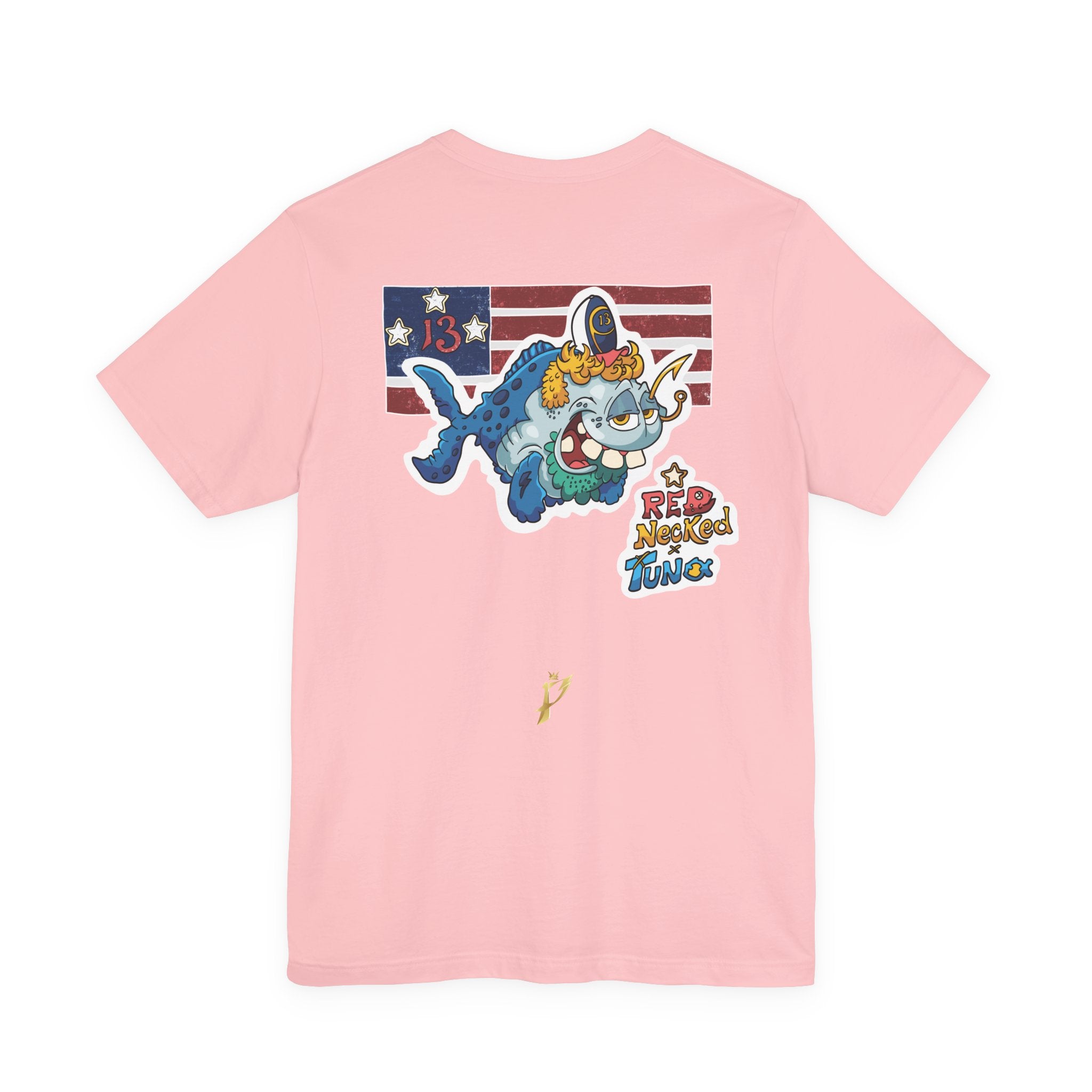 Patriotic Shark Graphic Tee — "Red, Neon & Twang" Vintage Flag Design