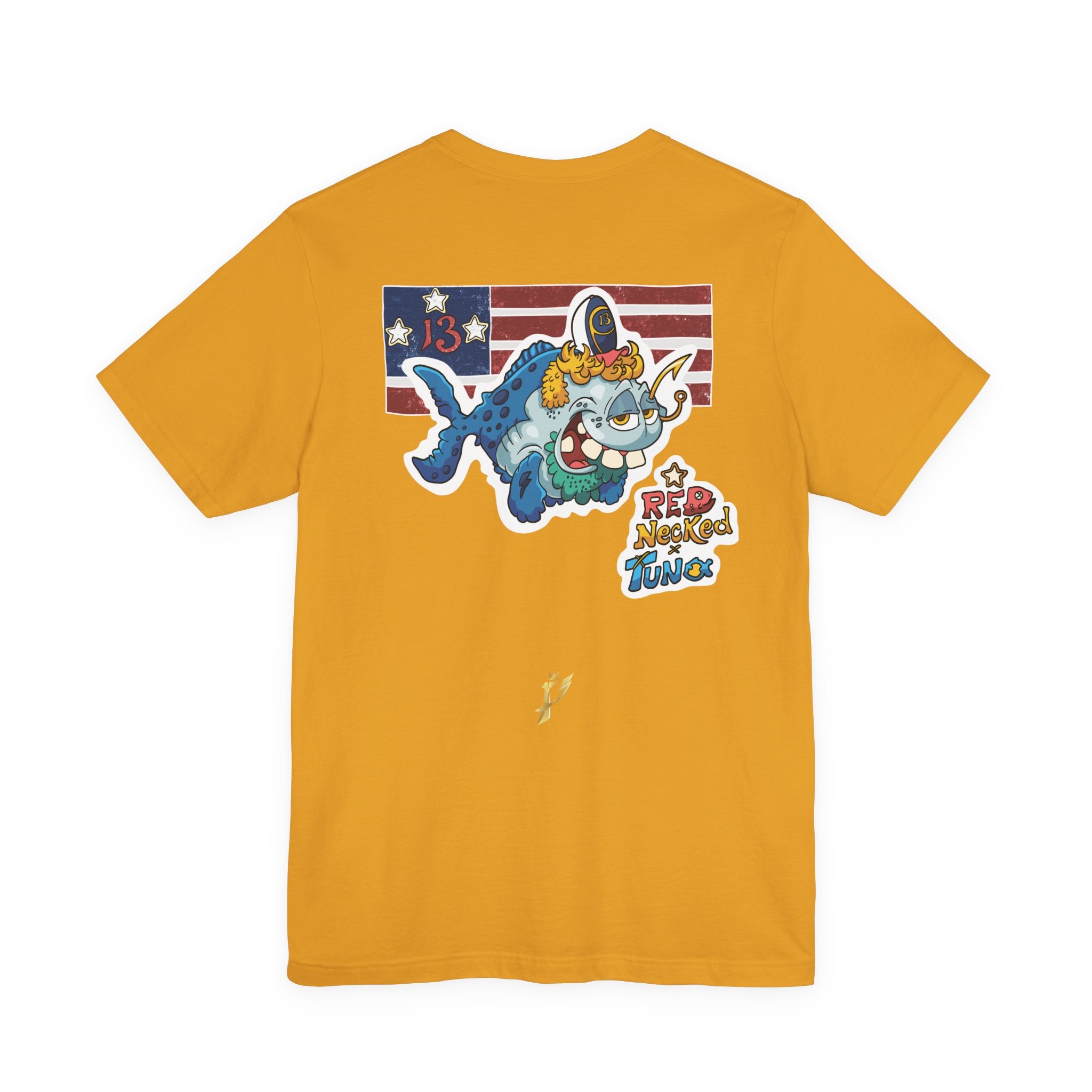 Patriotic Shark Graphic Tee — "Red, Neon & Twang" Vintage Flag Design