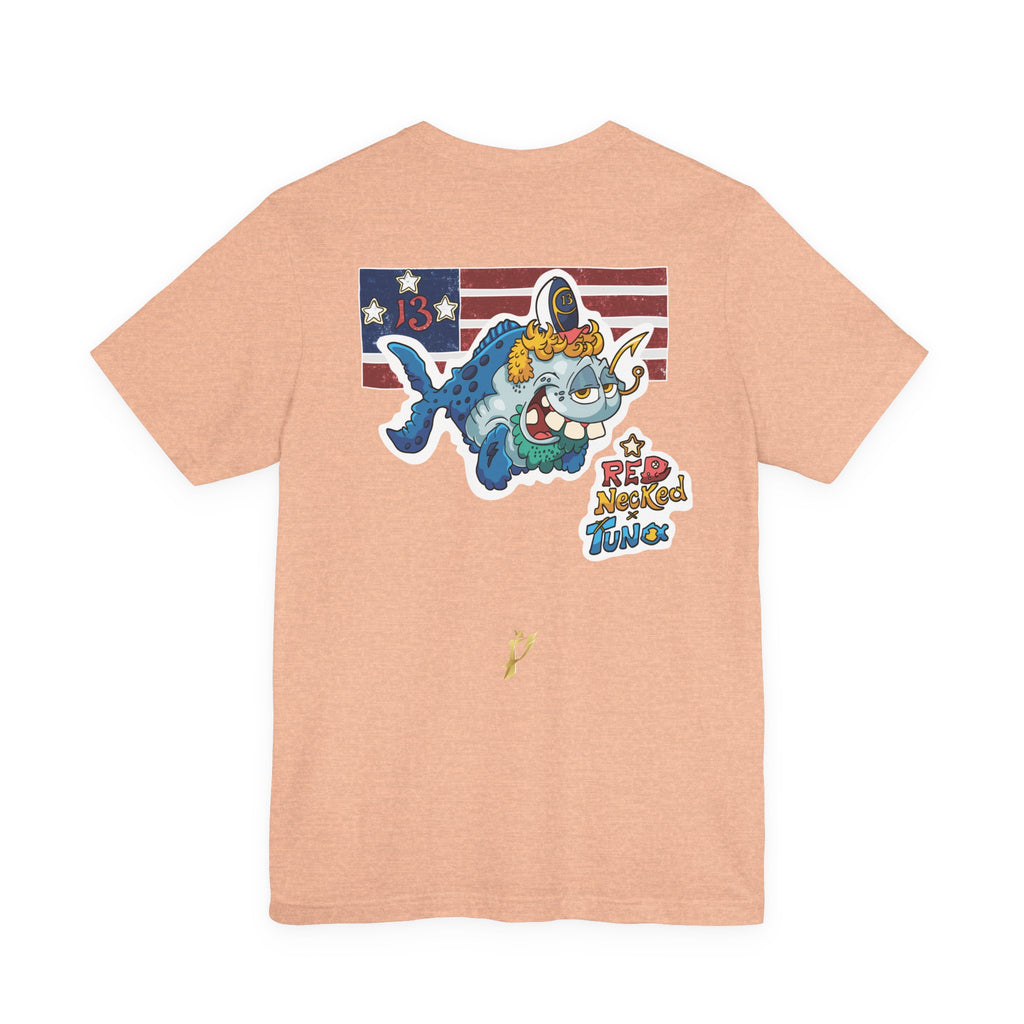 Patriotic Shark Graphic Tee — "Red, Neon & Twang" Vintage Flag Design