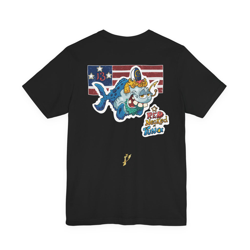 Patriotic Shark Graphic Tee — "Red, Neon & Twang" Vintage Flag Design