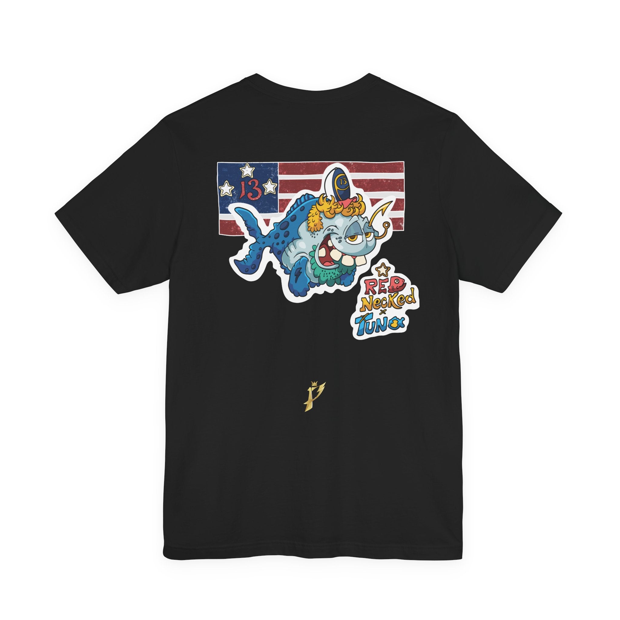 Patriotic Shark Graphic Tee — "Red, Neon & Twang" Vintage Flag Design