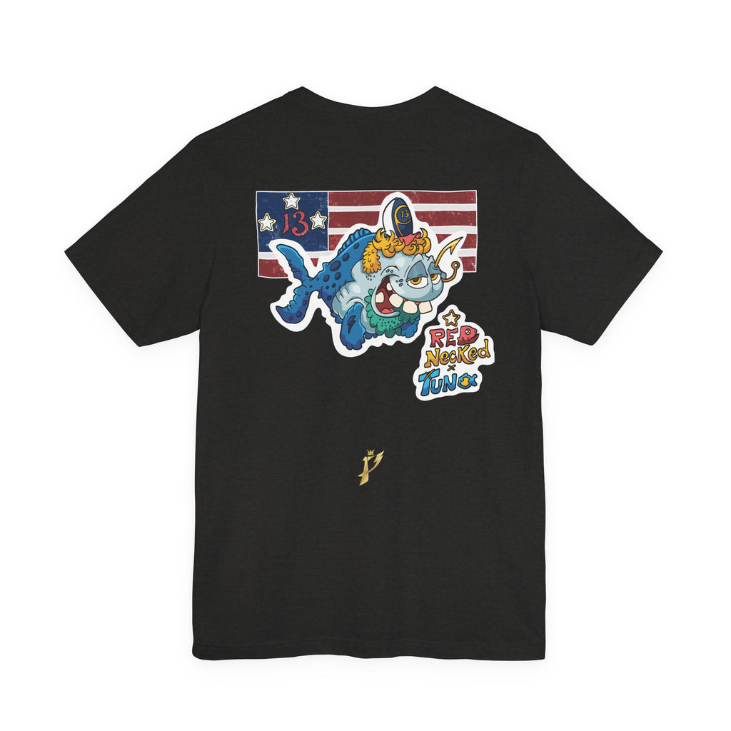 Patriotic Shark Graphic Tee — "Red, Neon & Twang" Vintage Flag Design