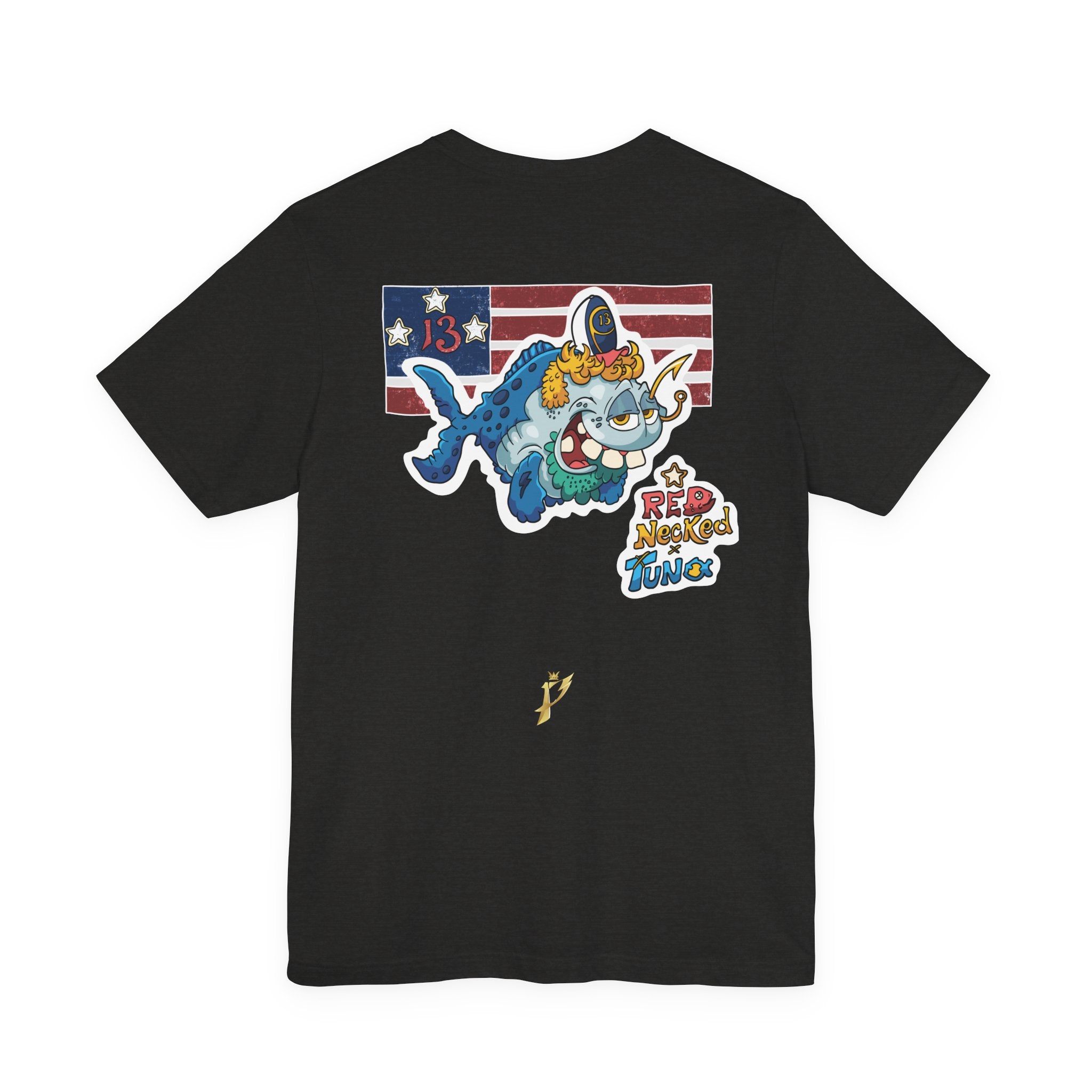 Patriotic Shark Graphic Tee — "Red, Neon & Twang" Vintage Flag Design