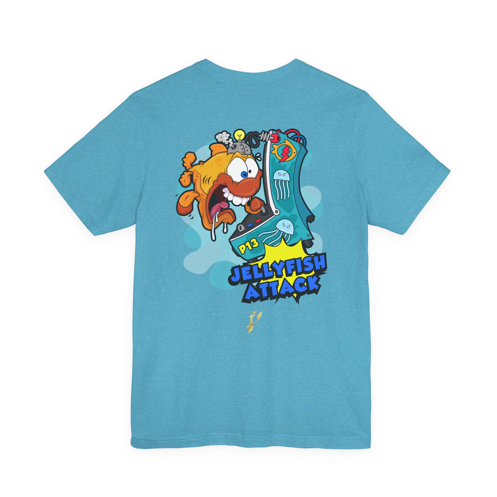Jellyfish Attack Graphic Tee — Fun Cartoon Surfing Fish Shirt