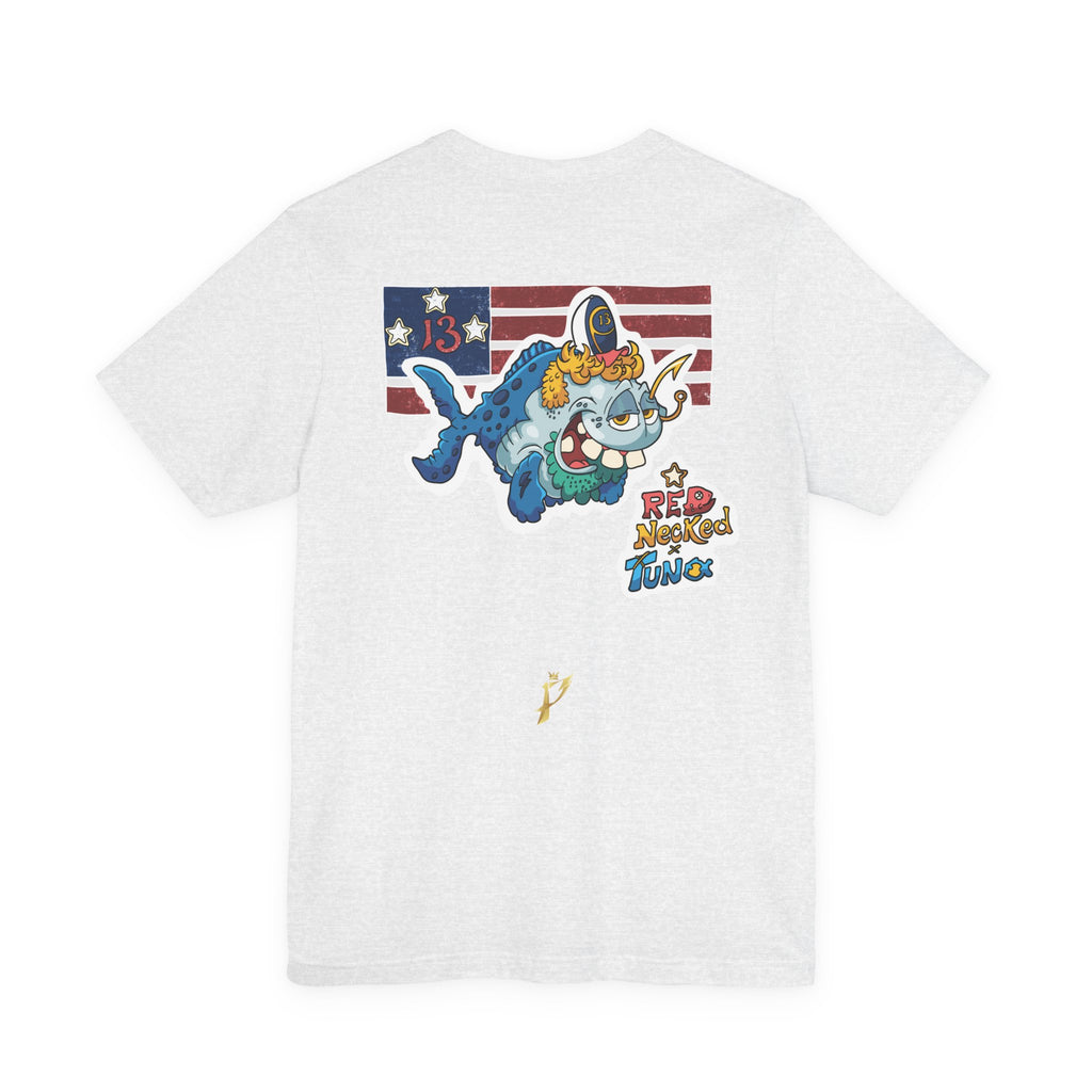 Patriotic Shark Graphic Tee — "Red, Neon & Twang" Vintage Flag Design