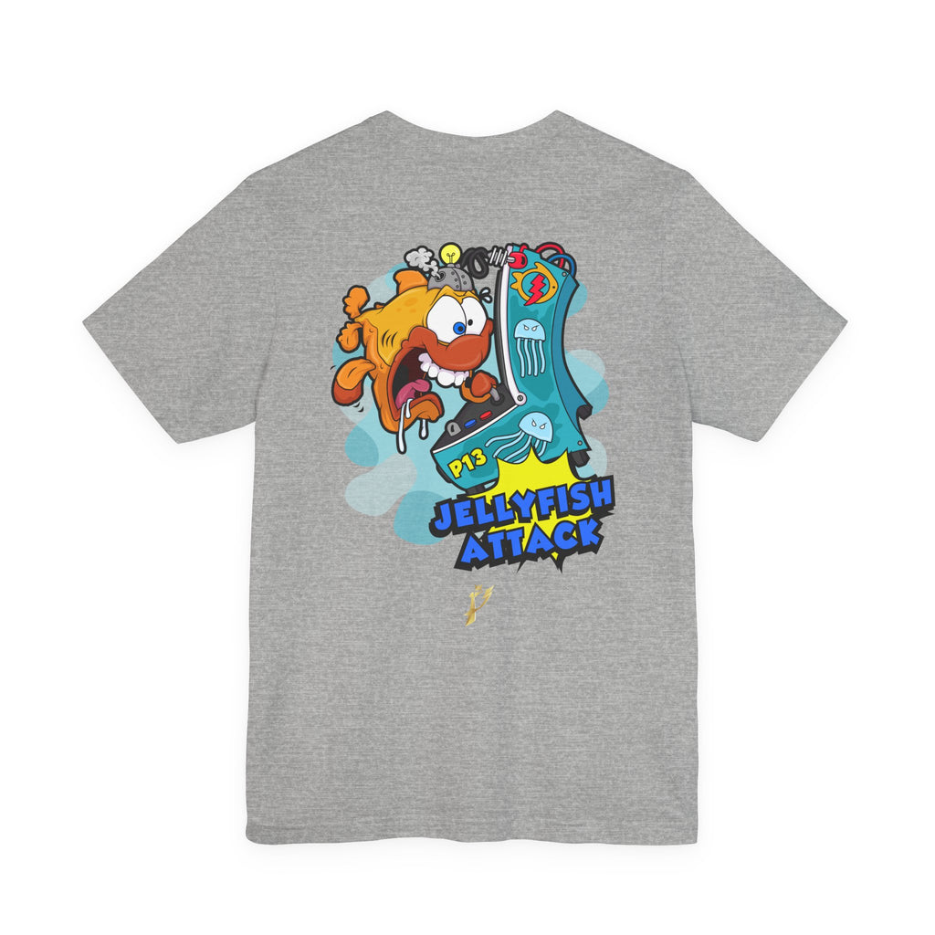 Jellyfish Attack Graphic Tee — Fun Cartoon Surfing Fish Shirt
