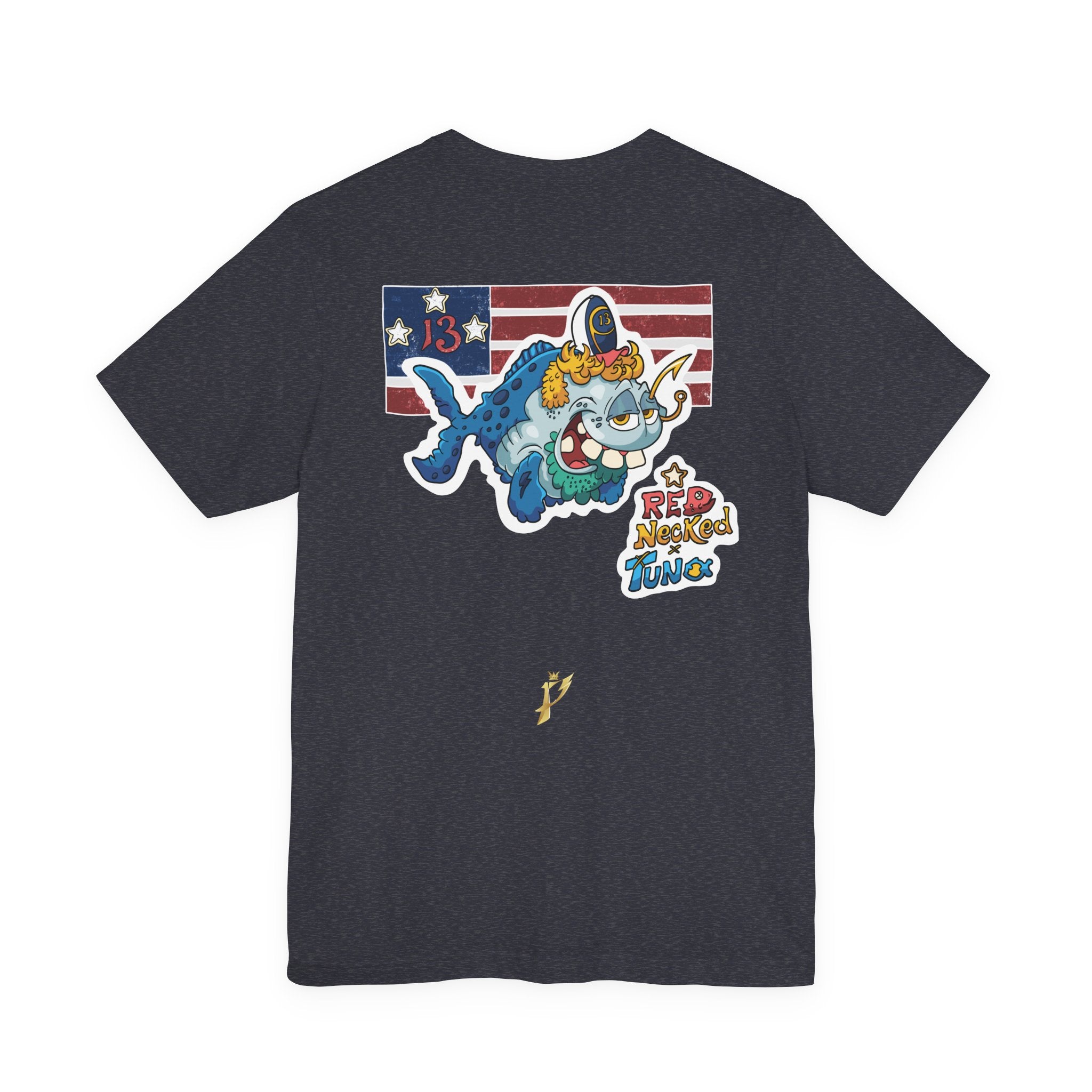 Patriotic Shark Graphic Tee — "Red, Neon & Twang" Vintage Flag Design